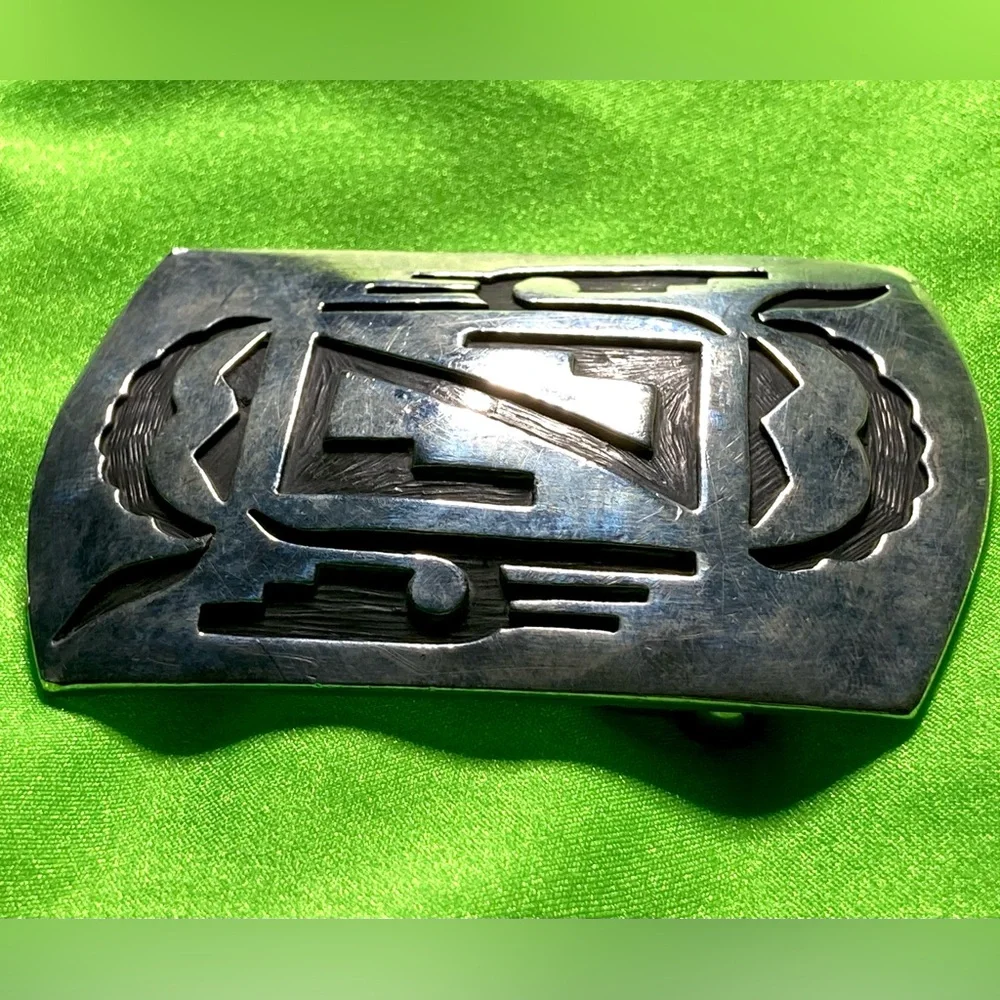 Navajo Hopi Belt Buckle .925 SOLID Sterling Silver Handmade Overlay Circa 1980's